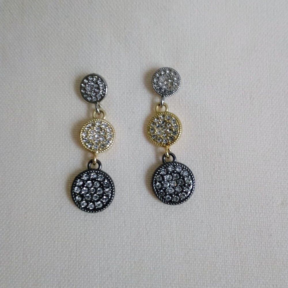 CHICO'S DANGLE EARRINGS-TRI COLOR-BLACK GOLD & SILVER-SMALL & DAINTY